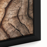 Close-up of textured tree bark in black, on a framed canvas, ideal for extra large living room wall art.