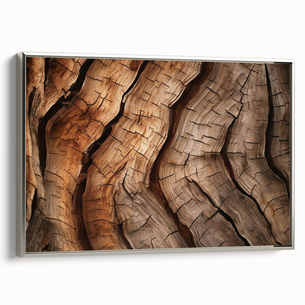 Framed canvas featuring a close-up of trees in muted green and brown tones.