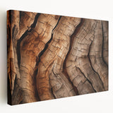 Close-up of tree bark on a large stretched canvas, featuring detailed textures in earth tones, suitable for kitchen wall art.