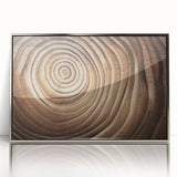 Mid-century modernist art depicting close-up of trees in muted green and brown tones on framed acrylic.