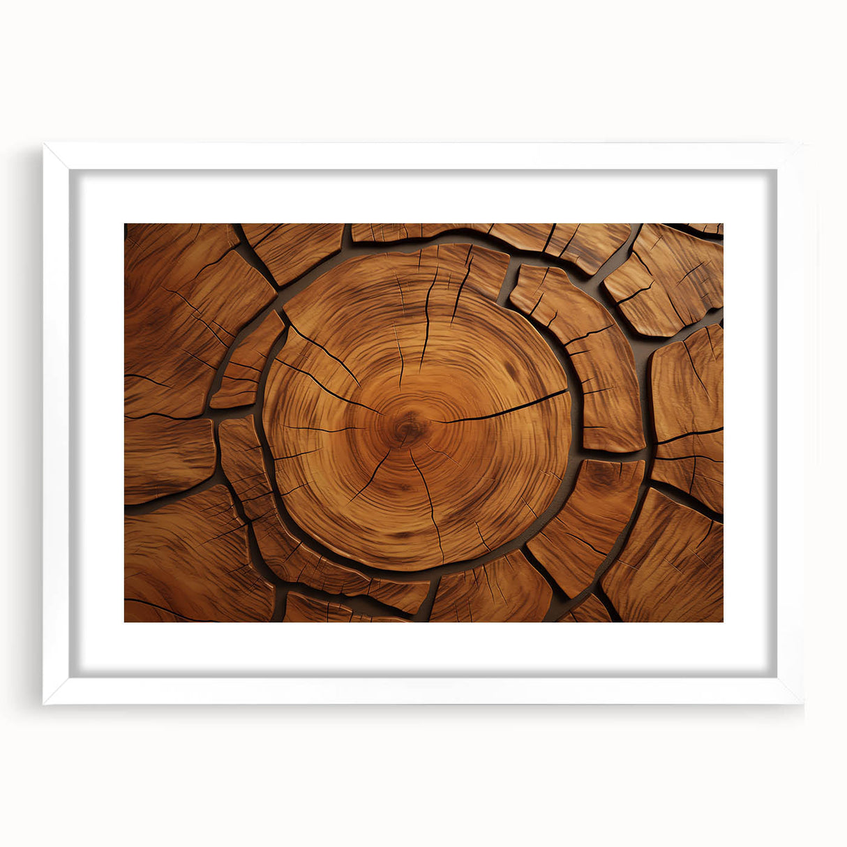 Abstract art print of close-up tree designs in muted green and brown tones on a white framed canvas.