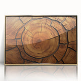 Mid-century modernist style large art print of close-up trees in muted green and gold tones, framed in acrylic.