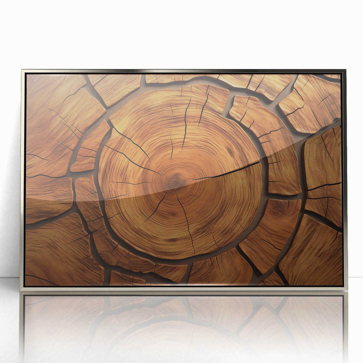 Mid-century modernist art depicting close-up of trees in muted earth tones, framed in silver acrylic.