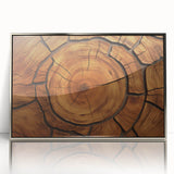 Mid-century modernist art depicting close-up of trees in muted earth tones, framed in silver acrylic.