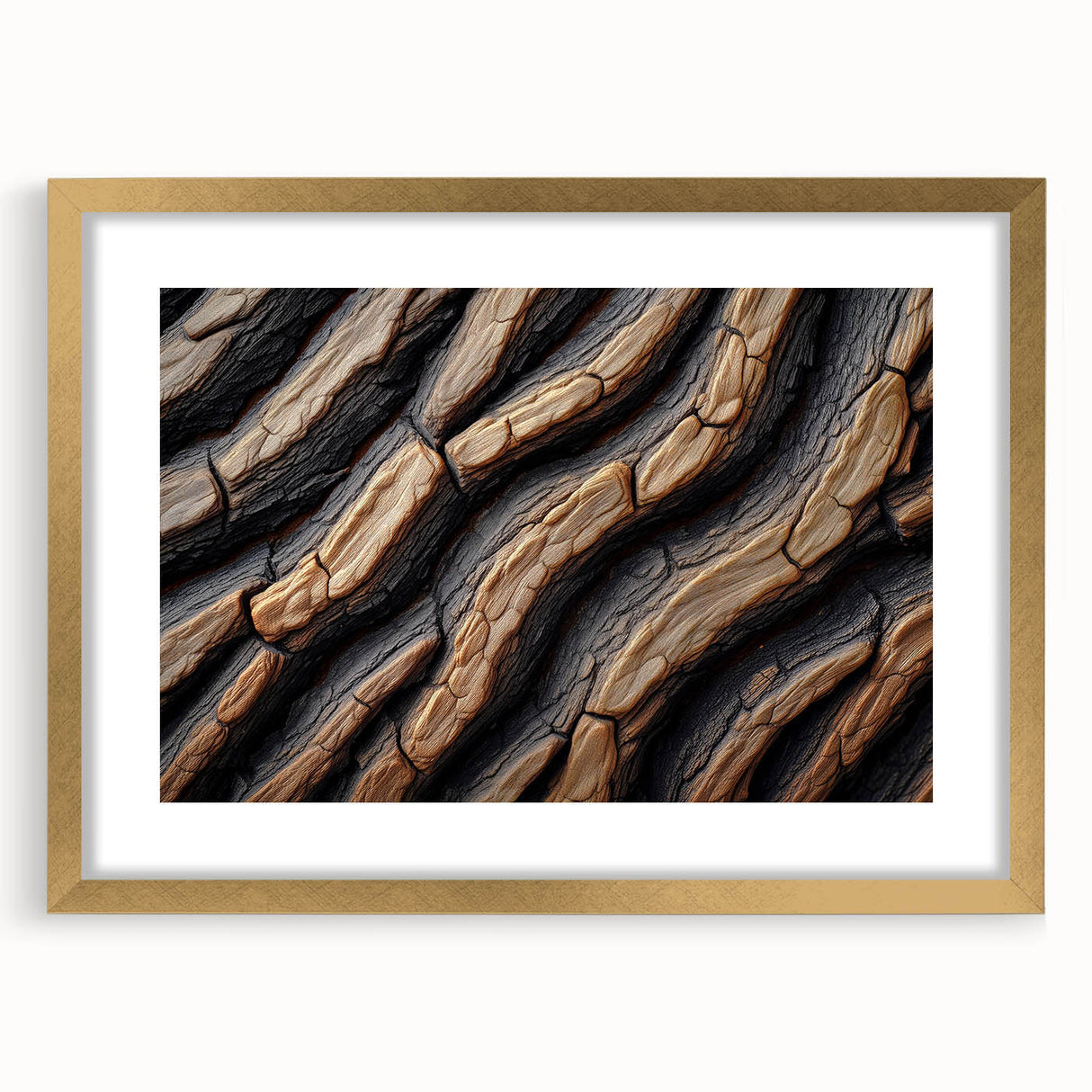 Extra large abstract art print featuring a close-up of textured tree designs in muted earth tones, framed in gold.