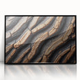 Large abstract wall art featuring a close-up of tree bark in muted earth tones, framed in black acrylic.
