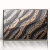 Mid-century modernist art of close-up trees in silver framed acrylic, using muted green and brown tones.