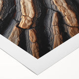 Art deco poster featuring a close-up of tree trunks in muted brown and green tones on rolled canvas.