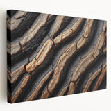 Close-up of tree bark on a large stretched canvas, displaying intricate textures in earthy tones.
