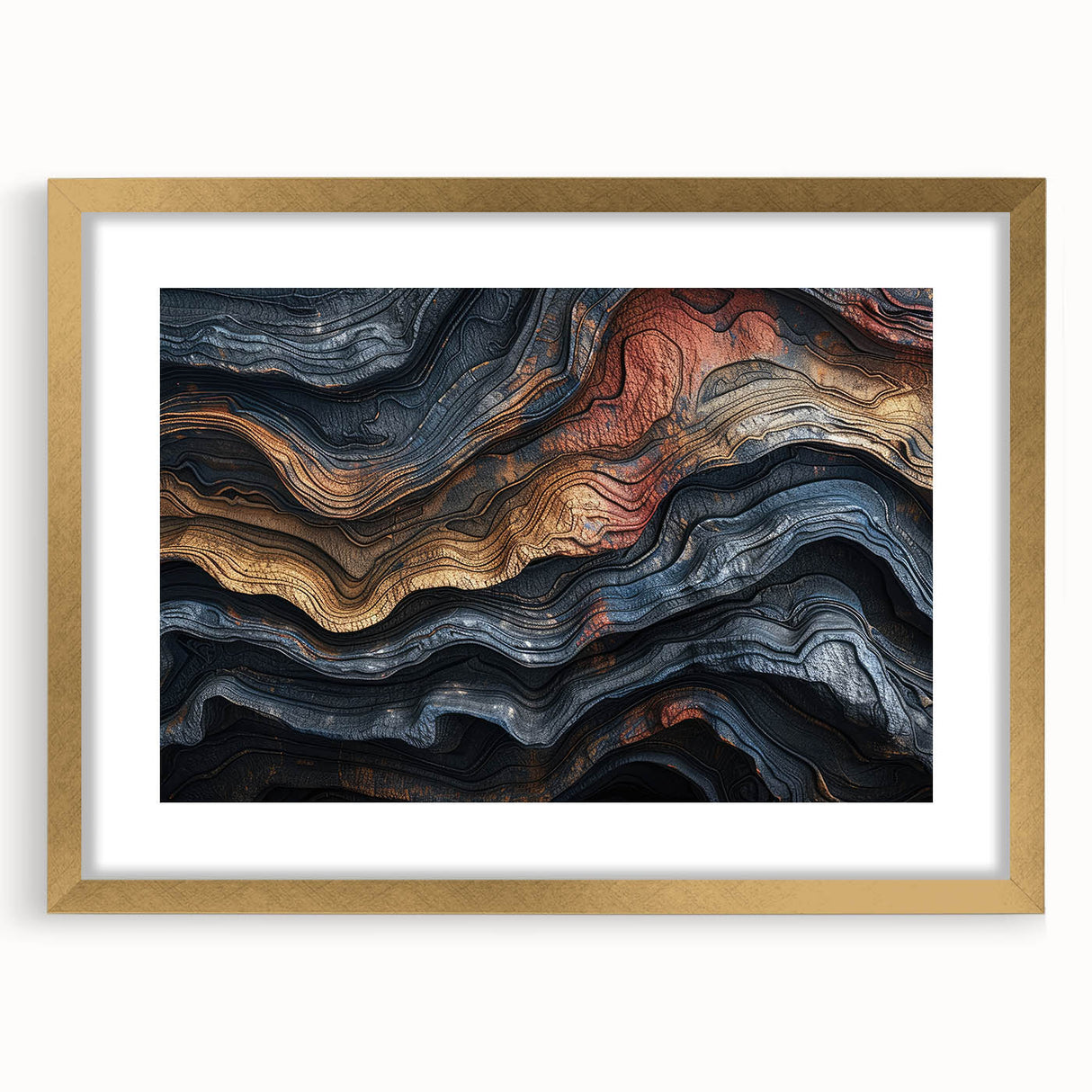Extra large abstract art print of textured trees in muted earth tones, framed in gold, ideal for living room decor.