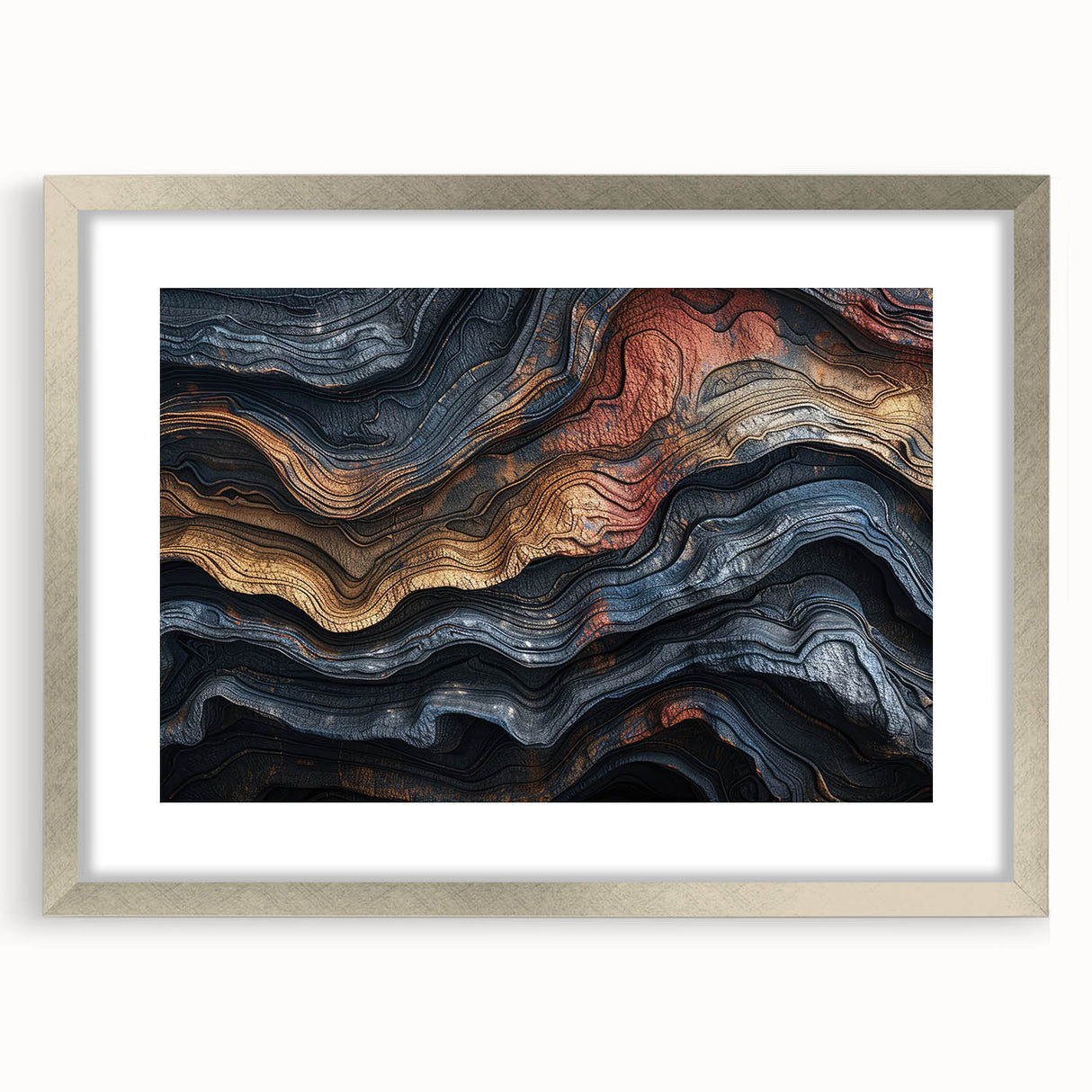 Textured art print featuring close-up abstract tree designs in muted green and brown, framed in silver.