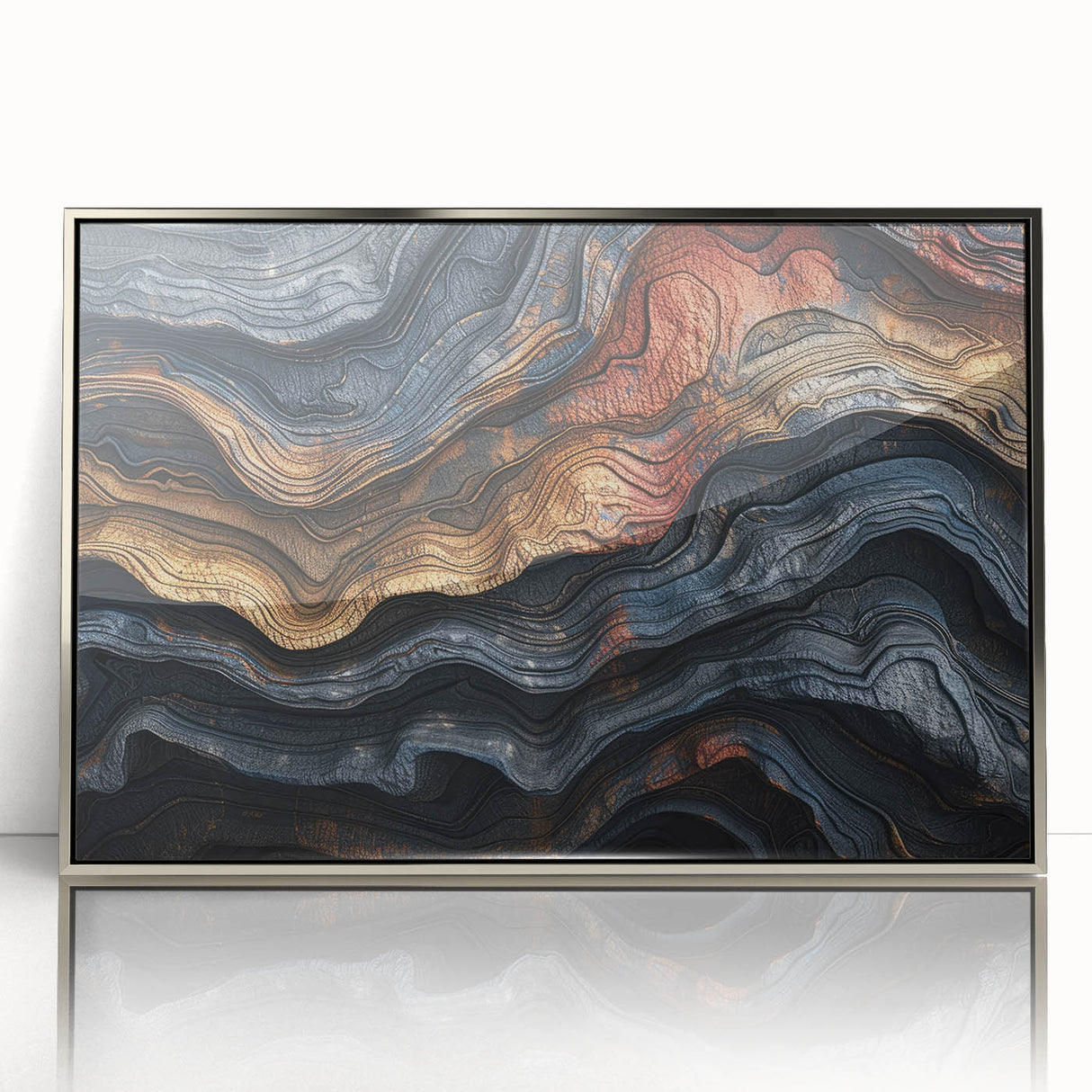 Mid-century modernist art featuring close-up of trees in muted green and brown tones, acrylic print in silver frame.