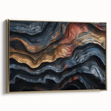 Framed canvas depicting a close-up view of tree trunks in black and gold, ideal for bedroom wall art.