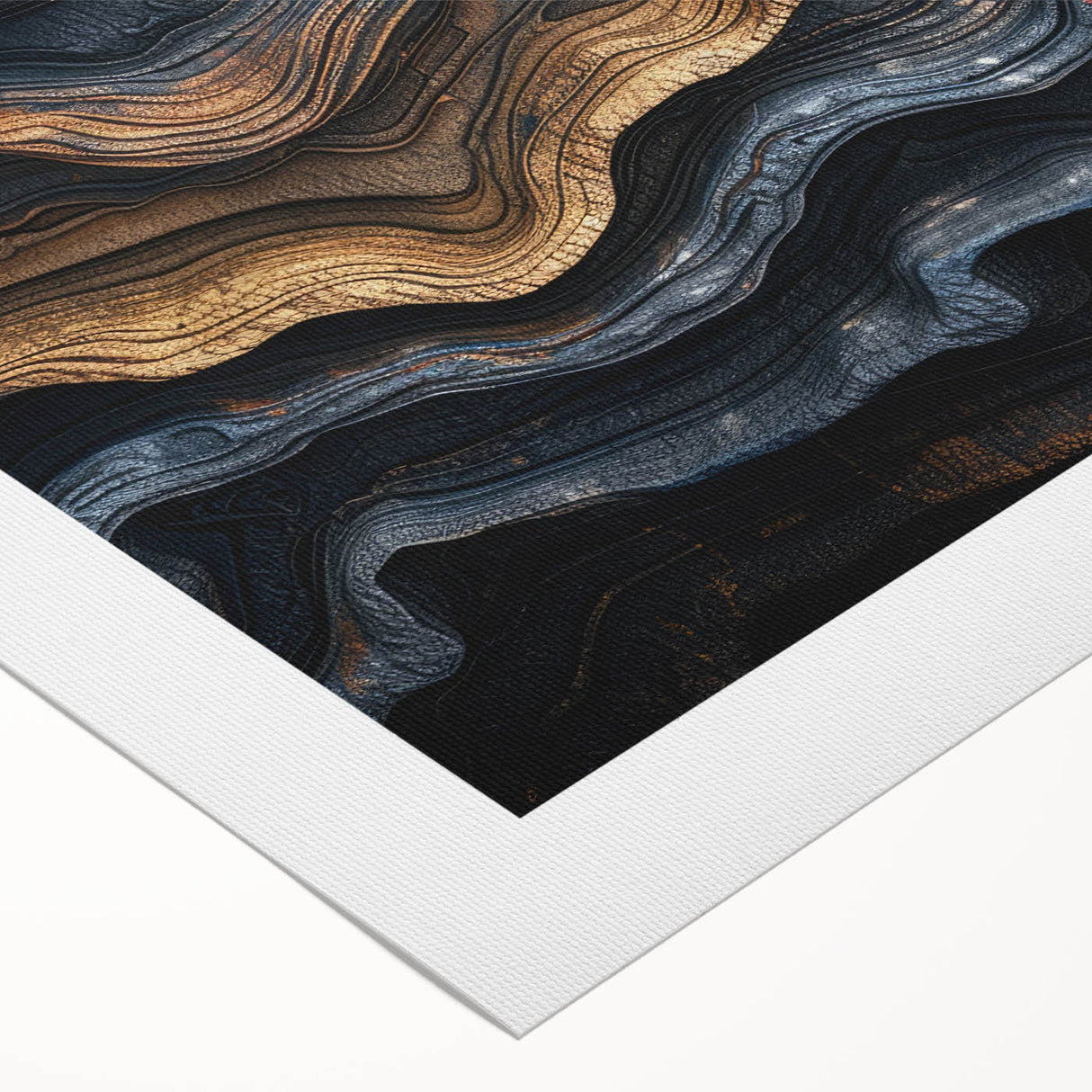 Art deco poster featuring a close-up of trees in muted green and brown tones on rolled canvas.