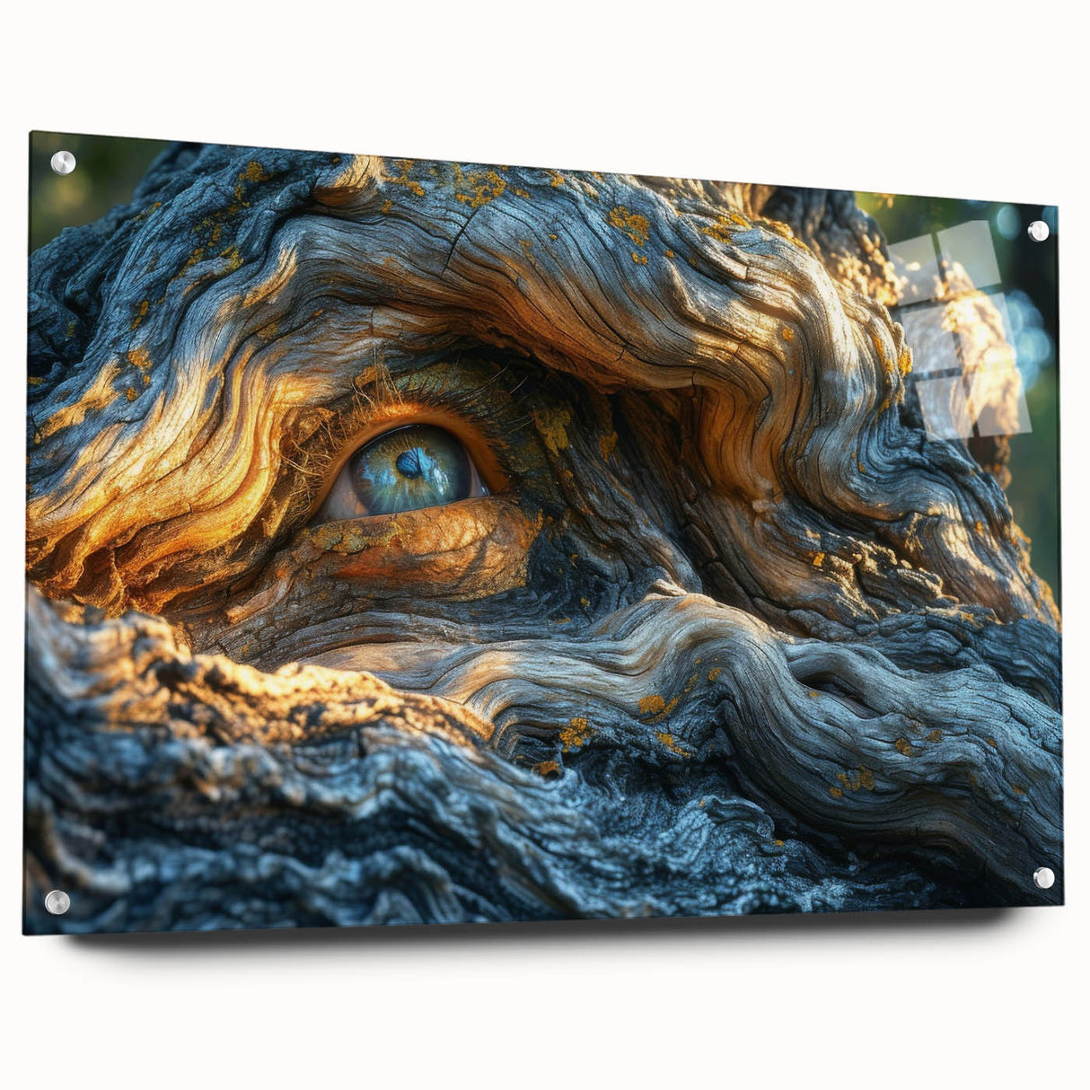 Close-up of tree bark printed on acrylic glass, featuring intricate textures in earthy brown tones.