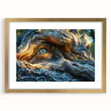 Extra large abstract art print of close-up tree textures in gold frame, ideal for living room decor.