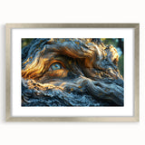 Textured art print of abstract trees in muted green and brown tones, framed in silver, ideal for bedroom wall decor.