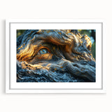 Abstract art print of close-up tree designs in muted green and brown tones on a white framed canvas.