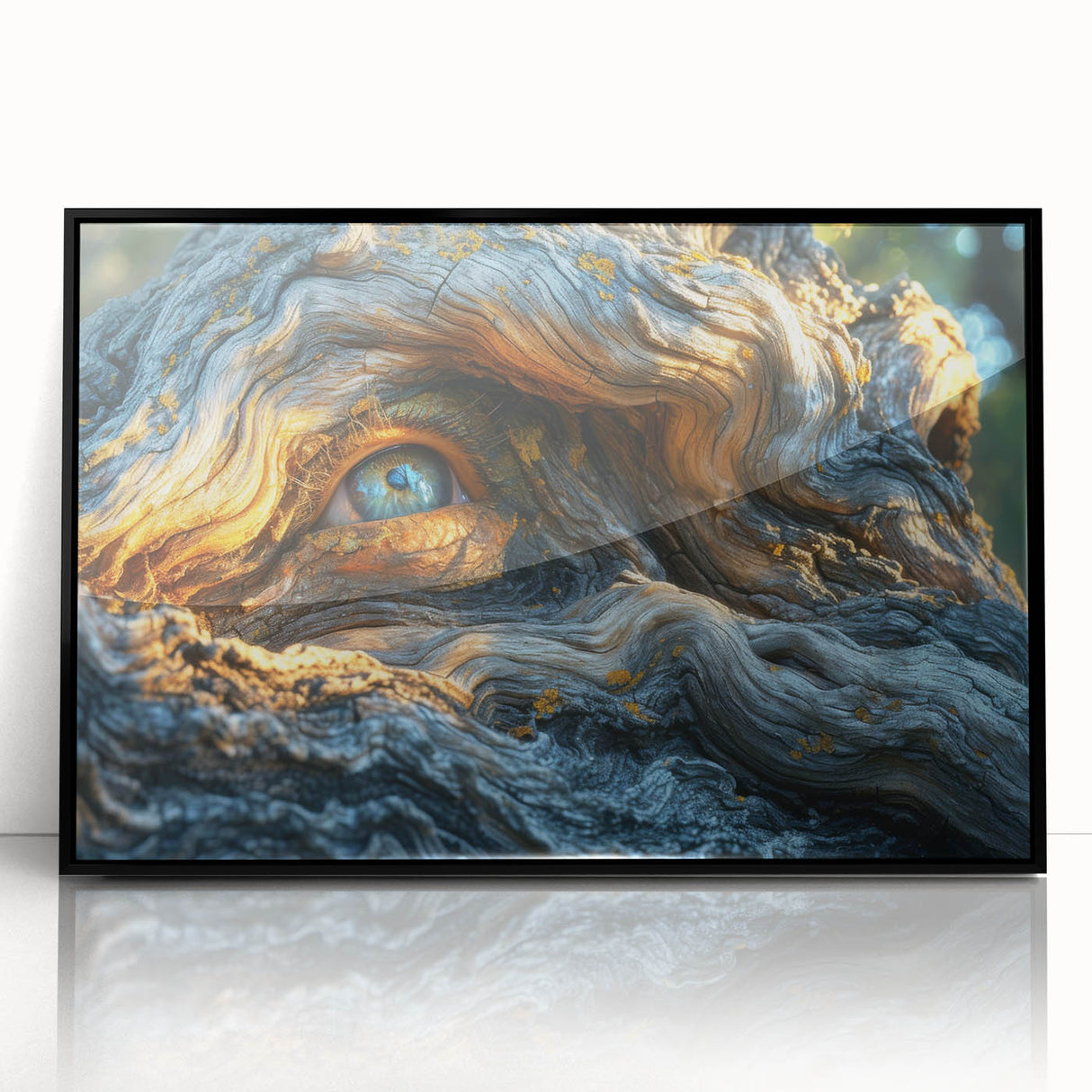 Large abstract wall art featuring close-up tree designs in black and white tones, framed in acrylic.