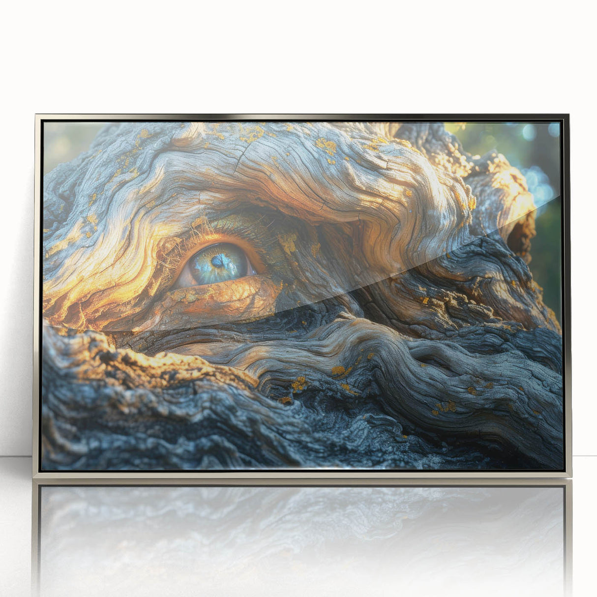 Mid-century modernist art featuring close-up of trees in muted earth tones, silver-framed acrylic.