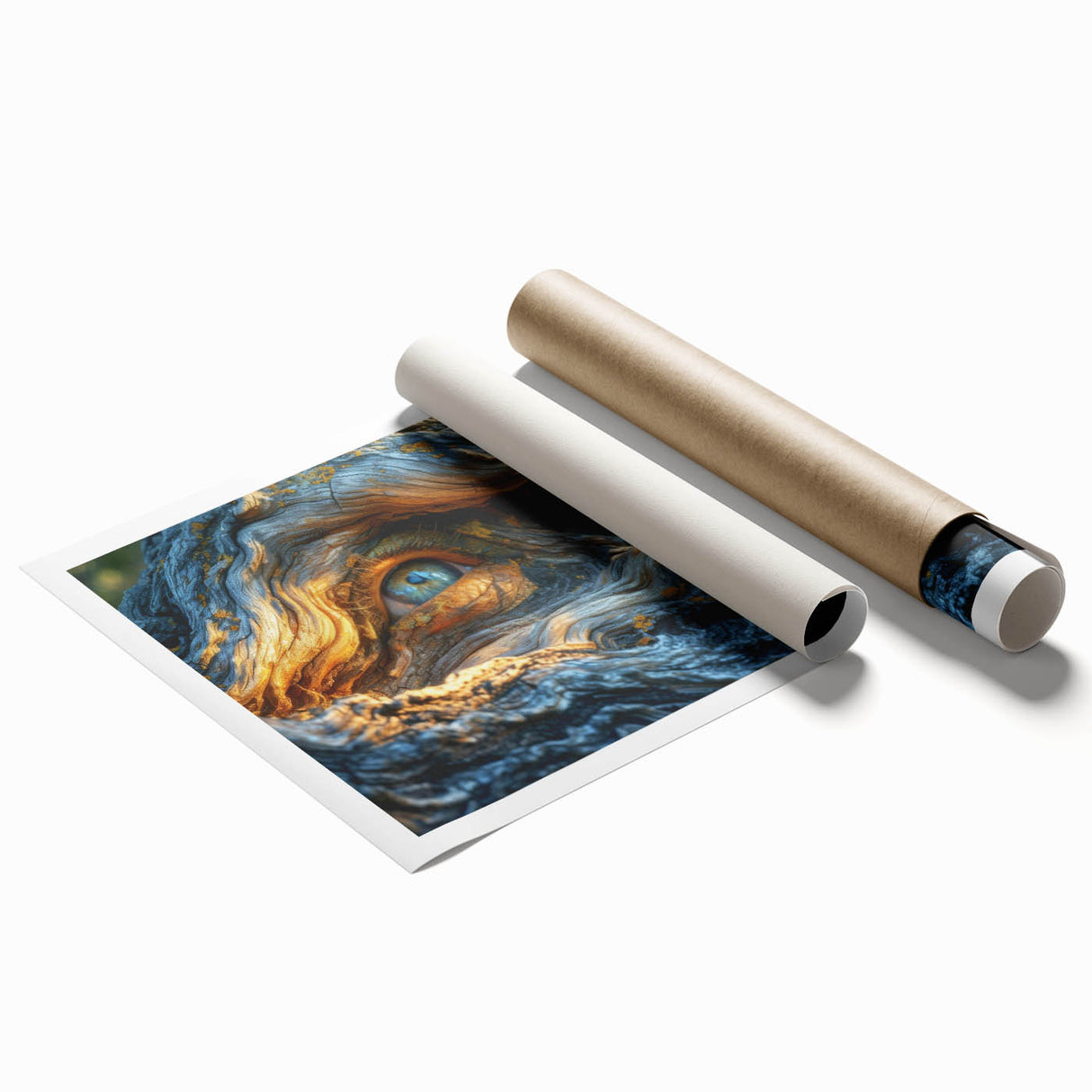 Extra large rolled print of close-up tree branches in muted green and brown tones.