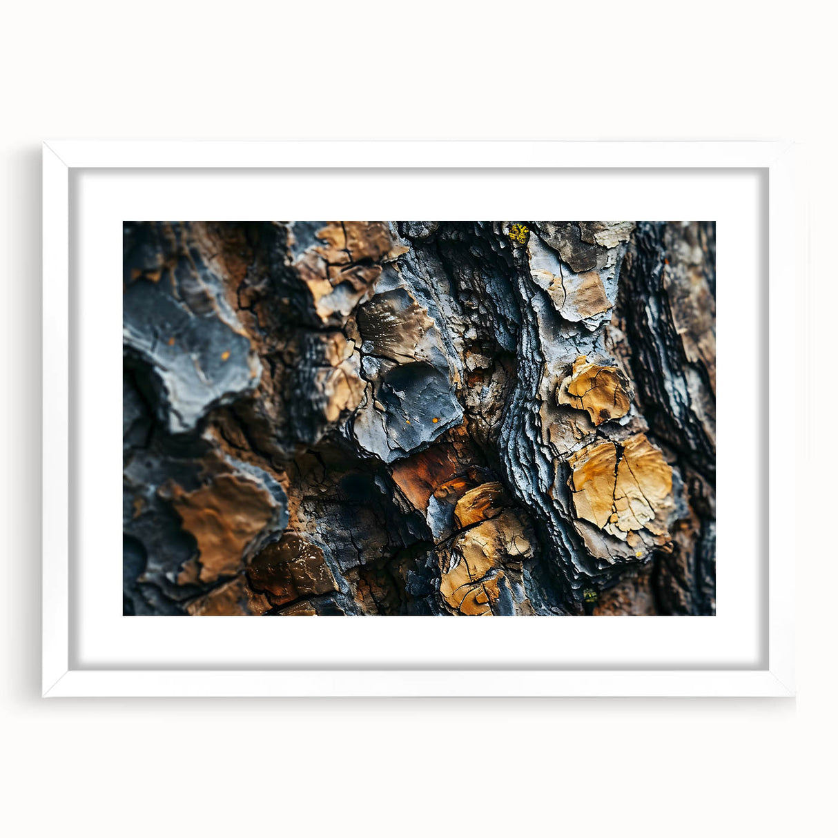 Abstract art print of close-up tree designs in muted green and brown tones, framed in white.
