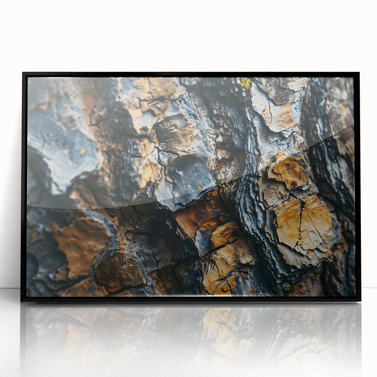 Large abstract wall art featuring close-up tree designs in muted greens and browns on a framed acrylic.