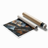 Close-up of tree bark in muted brown and gray tones on a large rolled canvas, suitable for bathroom wall decor.