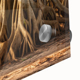 Large abstract wall art featuring close-up of trees in muted green and brown tones, acrylic glass print.