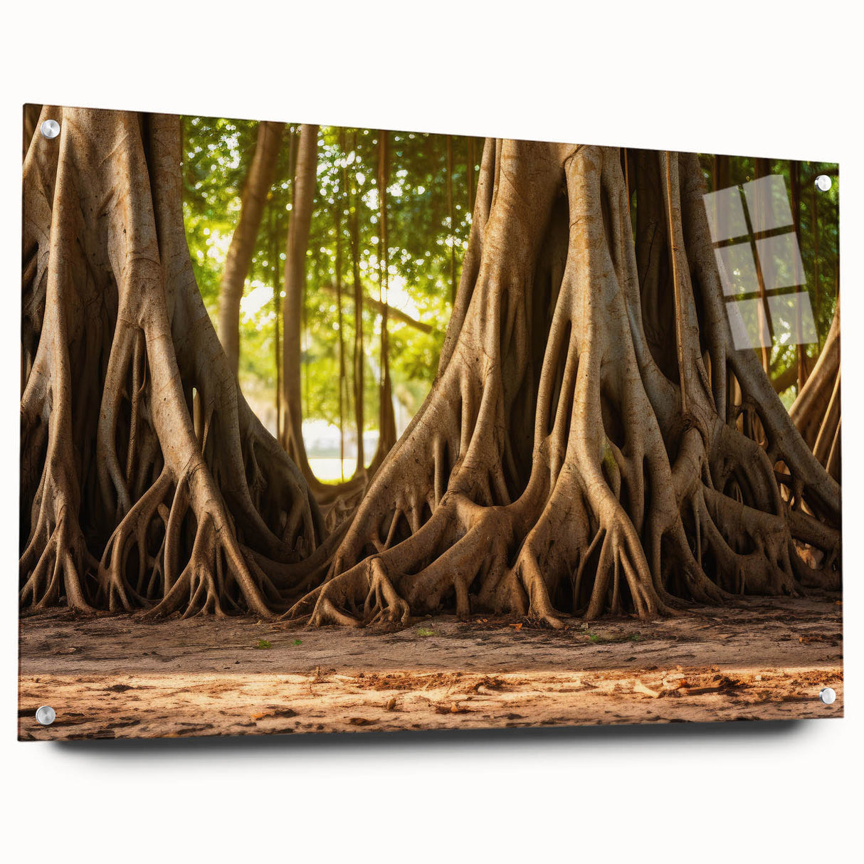 Acrylic print of a close-up tree design in muted green and brown, ideal for dining room or bedroom wall decor.