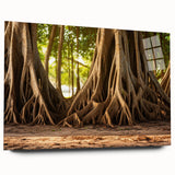 Large abstract wall art depicting close-up tree designs in muted green and brown tones on acrylic glass.