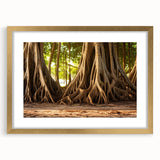 Extra large abstract art print of textured trees in gold frame, ideal for living room decor.