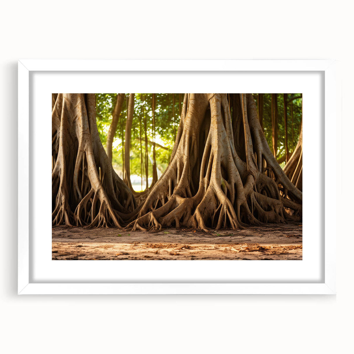 Abstract art print featuring close-up of tree bark in earthy brown tones, framed with a white mat.