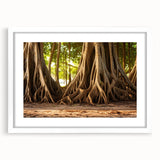 Abstract art print featuring close-up of tree bark in earthy brown tones, framed with a white mat.