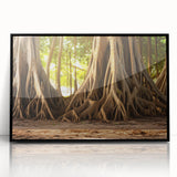 Large abstract wall art featuring close-up tree designs in black and white, framed in acrylic.