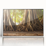 Acrylic framed poster of close-up tree designs in muted green and brown tones.