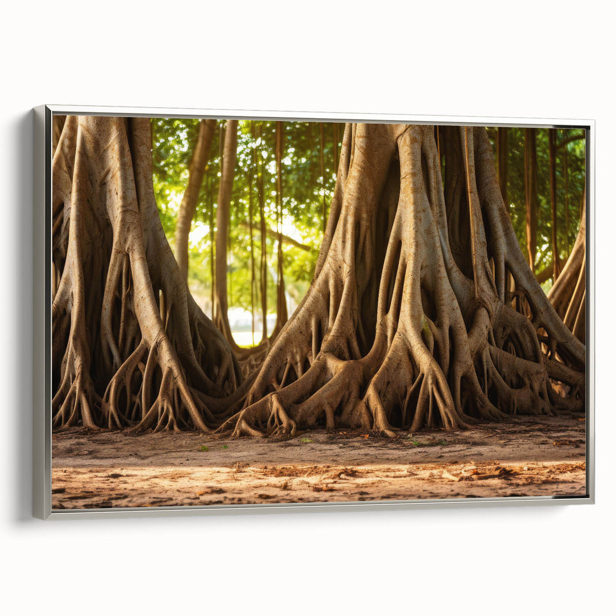 Framed canvas depicting a close-up view of tree trunks in muted black and gray tones.