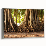 Framed canvas depicting a close-up view of tree trunks in muted black and gray tones.
