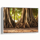 Vintage poster art featuring close-up of trees in colorful hues on a large framed canvas, ideal for living room decor.