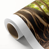 Art deco poster of stylized trees in muted green and brown, printed on rolled canvas, ideal for nursery wall art.