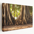 Close-up view of tree bark on a large stretched canvas, featuring textured gray and brown tones.