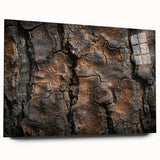 Large abstract wall art of close-up tree designs in muted green and brown tones on acrylic glass.