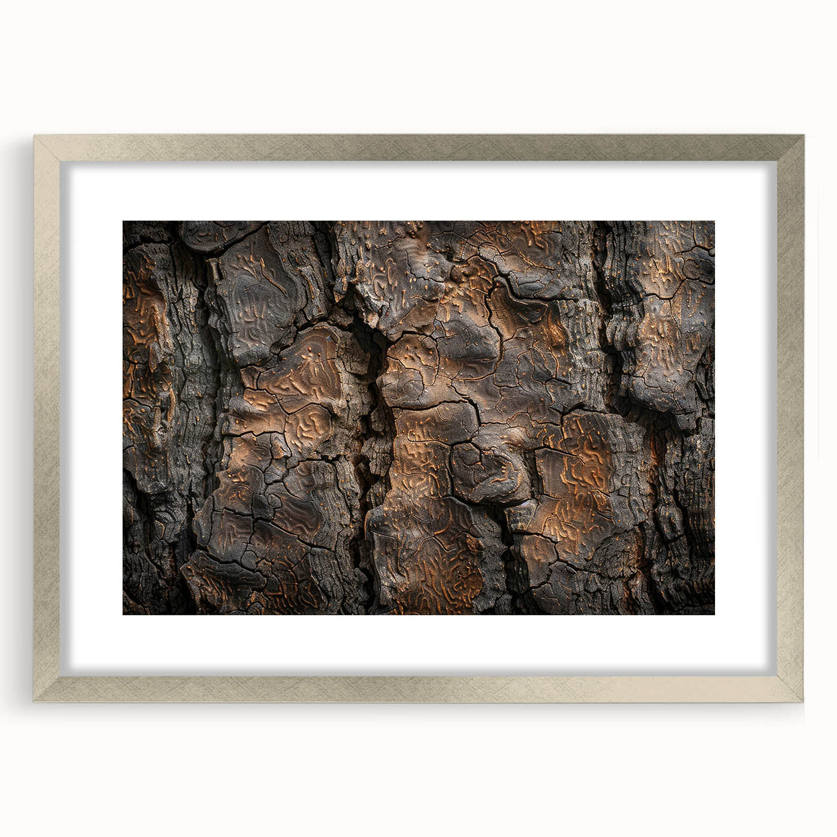 Textured art print of abstract tree designs in muted green and brown, framed in silver, ideal for bedroom art.