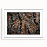 Abstract art print of close-up tree designs in cool gray tones on a white framed canvas.