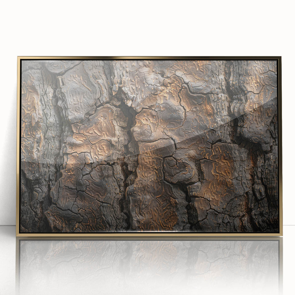 Framed acrylic print of close-up tree branches in muted green and brown, ideal for modern art wall decor.