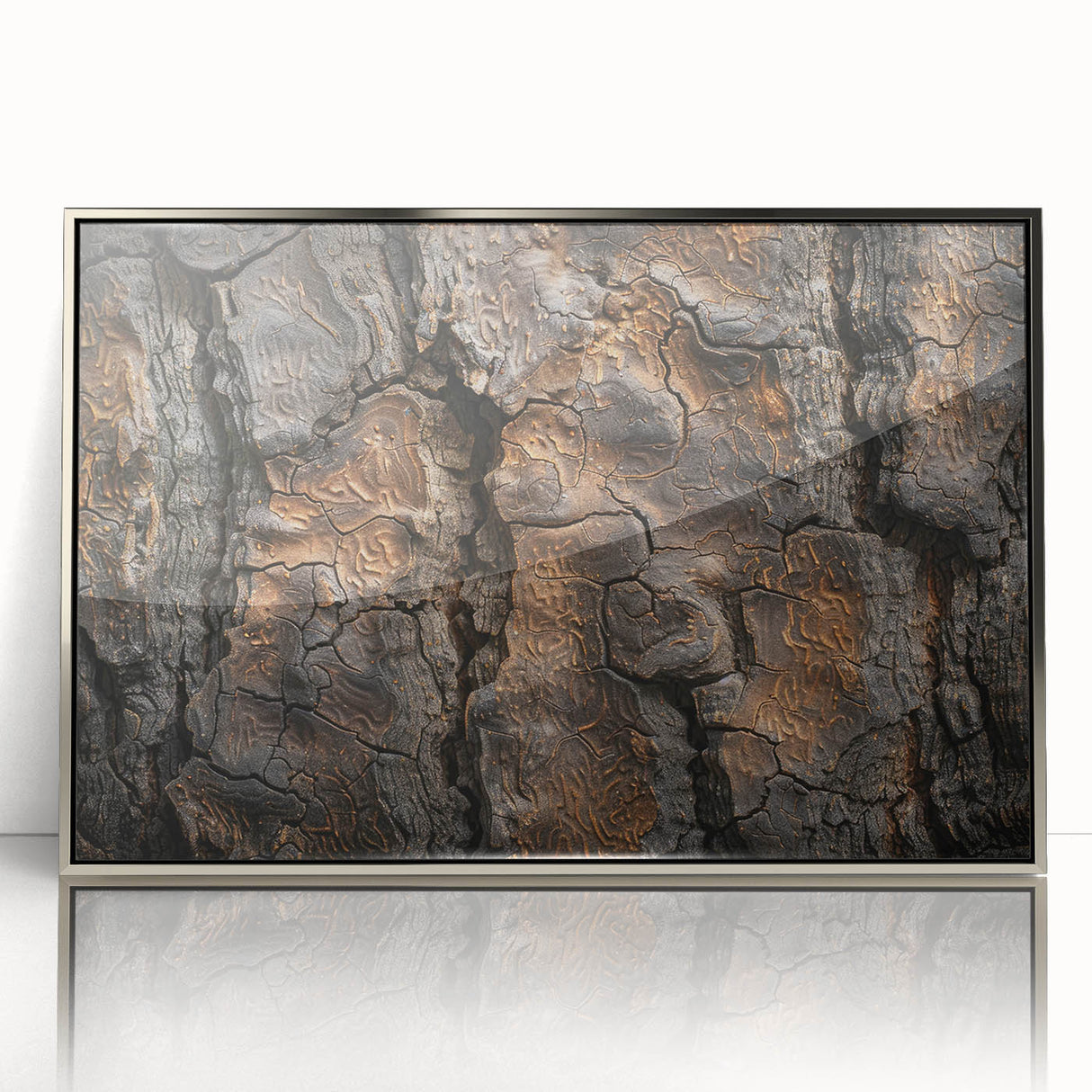 Mid-century modernist art featuring close-up of trees in muted green tones on a silver-framed acrylic.