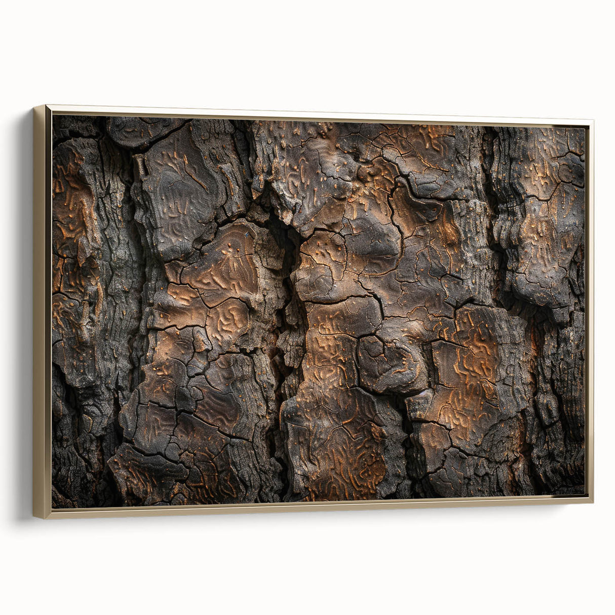 Framed canvas featuring a close-up view of tree bark in black and gray tones, ideal for bedroom wall art.