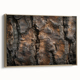 Framed canvas featuring a close-up view of tree bark in black and gray tones, ideal for bedroom wall art.