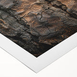 Art deco poster featuring close-up of trees in muted green and brown tones on rolled canvas.