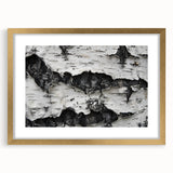 Extra large abstract art print featuring a close-up of tree textures in earth tones, framed in gold.